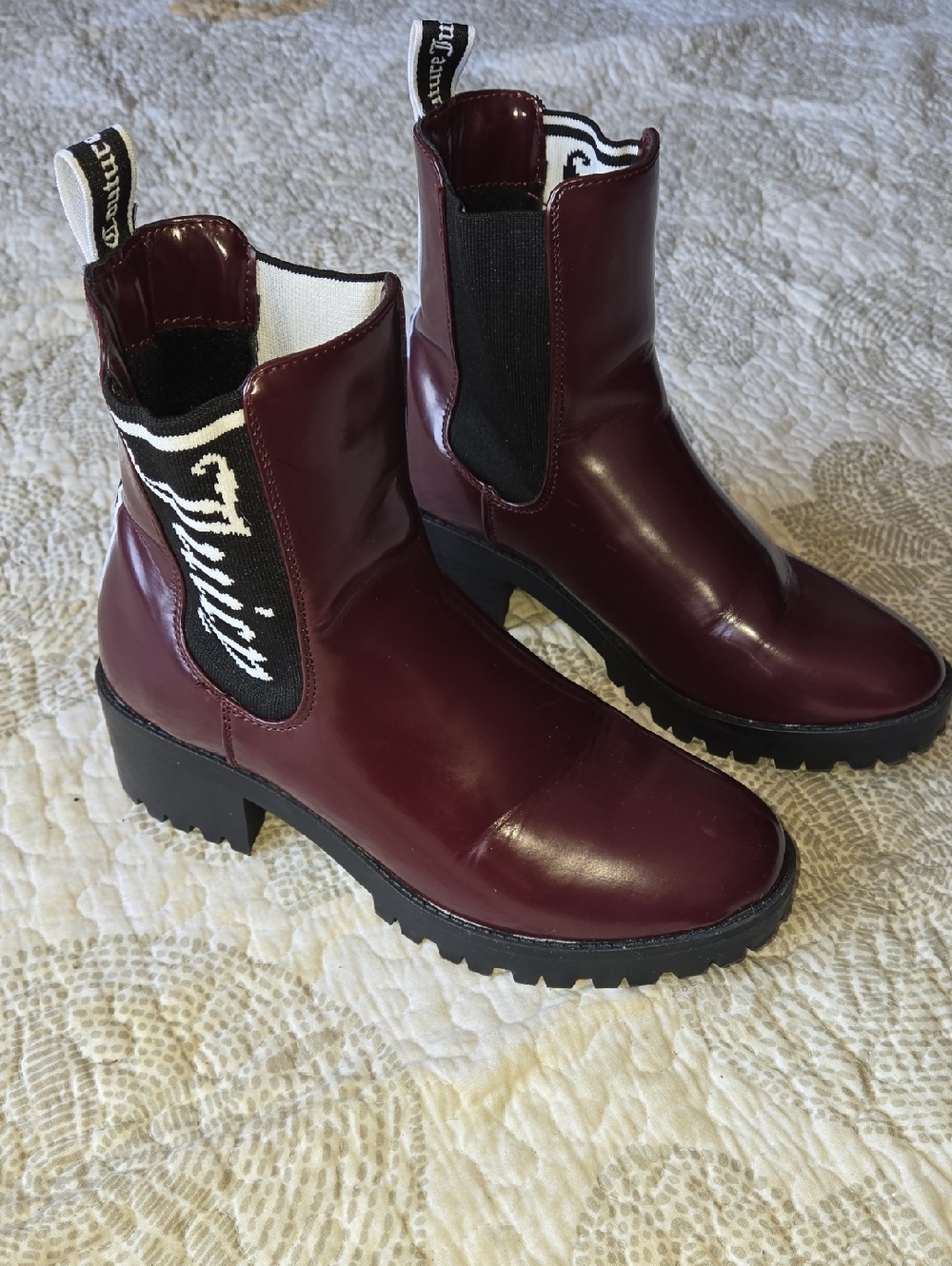 Juicy Couture Burgundy Patent Chelsea Lug Ankle Boots